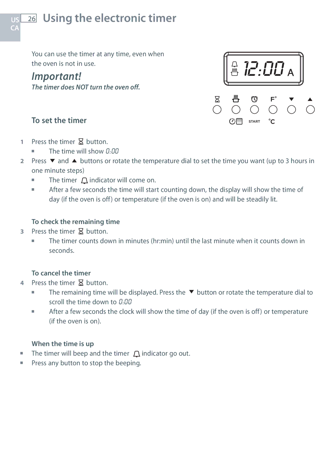 Fisher & Paykel OR305SDPWSX Using the electronic timer, To set the timer, To check the remaining time, To cancel the timer 