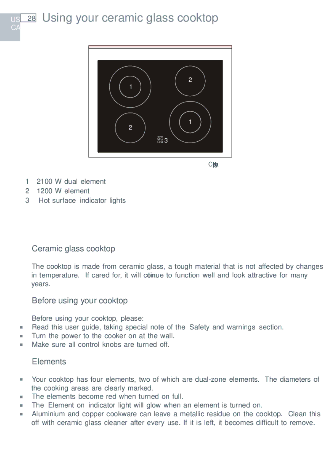 Fisher & Paykel OR305SDPWSX Using your ceramic glass cooktop, Ceramic glass cooktop, Before using your cooktop, Elements 