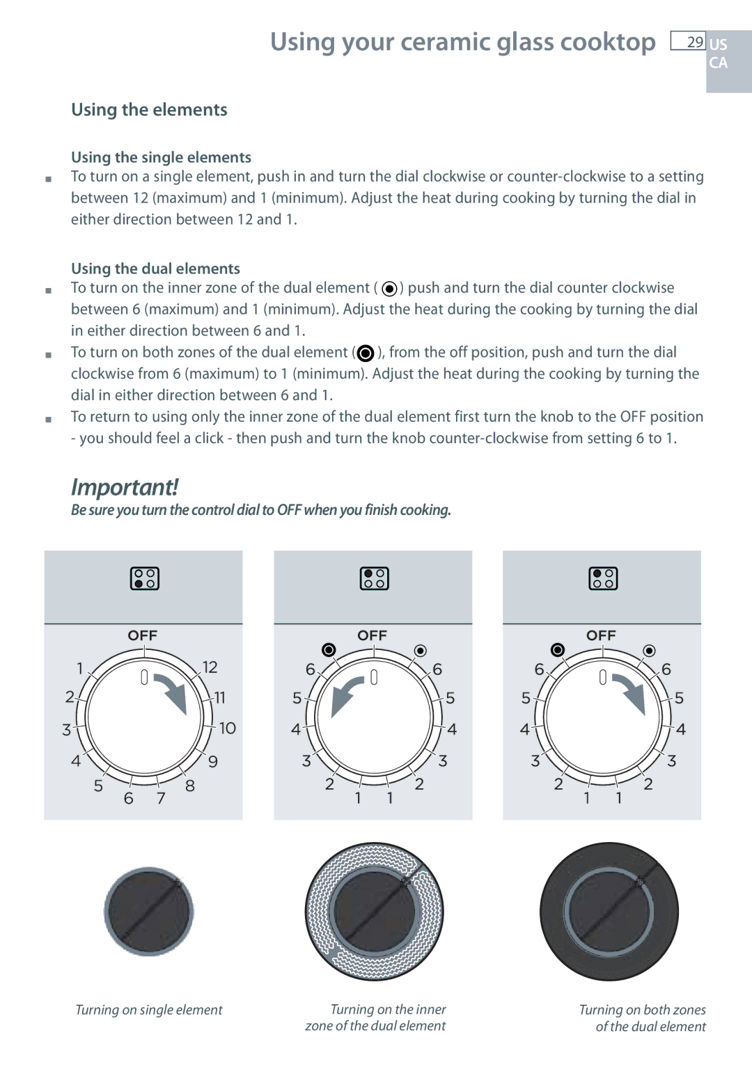 Fisher & Paykel OR305SDPWSX Using the elements, Using the single elements, Using the dual elements 