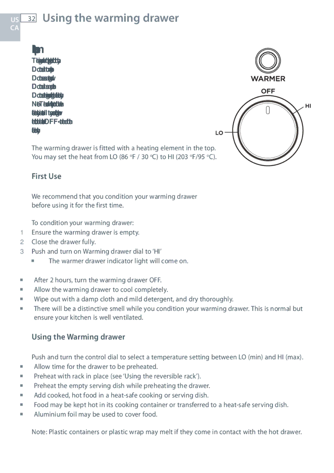 Fisher & Paykel OR305SDPWSX installation instructions Using the warming drawer, First Use, Using the Warming drawer 