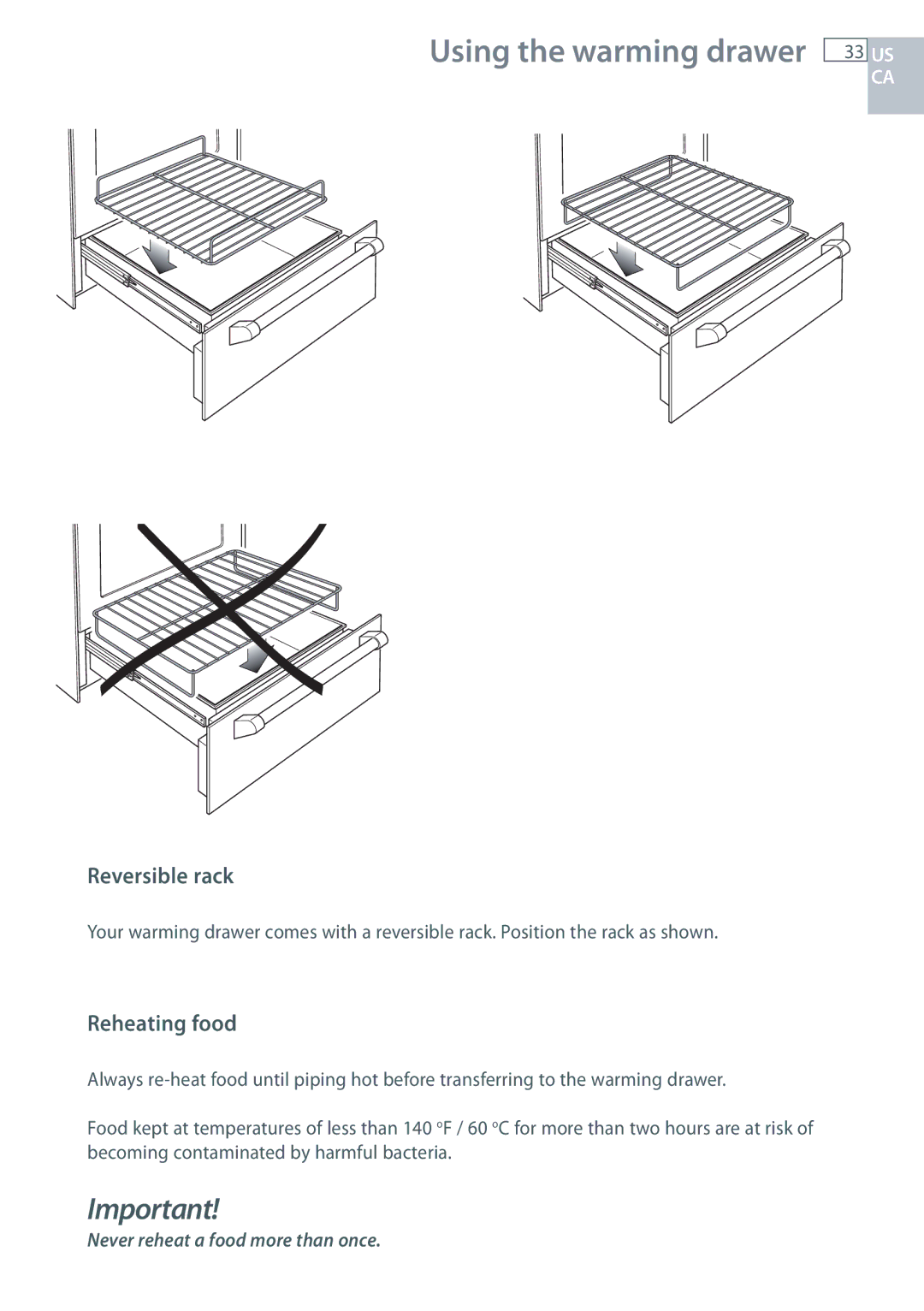 Fisher & Paykel OR305SDPWSX installation instructions Reversible rack, Reheating food 