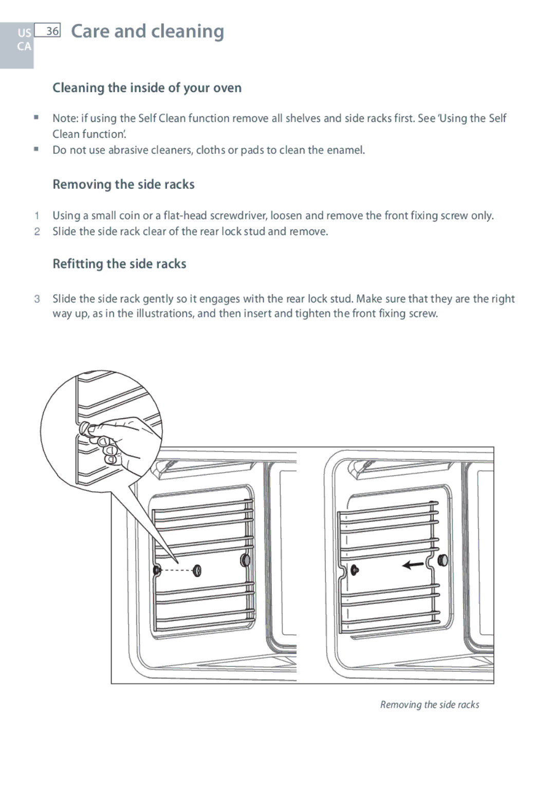 Fisher & Paykel OR305SDPWSX Cleaning the inside of your oven, Removing the side racks, Refitting the side racks 