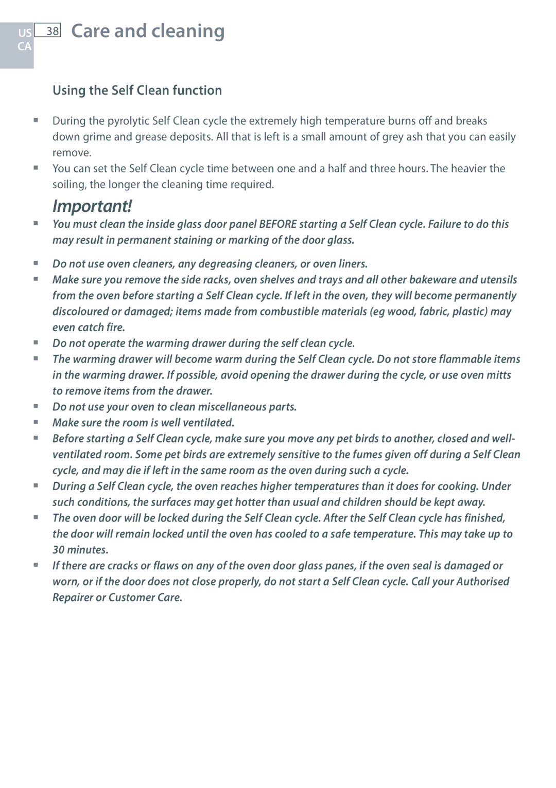 Fisher & Paykel OR305SDPWSX installation instructions Using the Self Clean function 