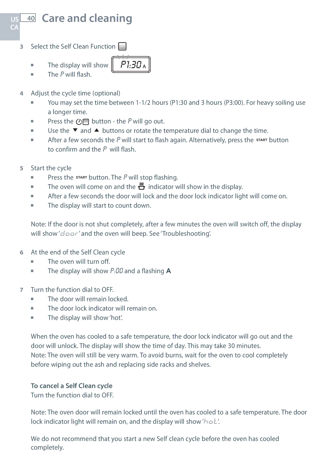 Fisher & Paykel OR305SDPWSX installation instructions To cancel a Self Clean cycle 