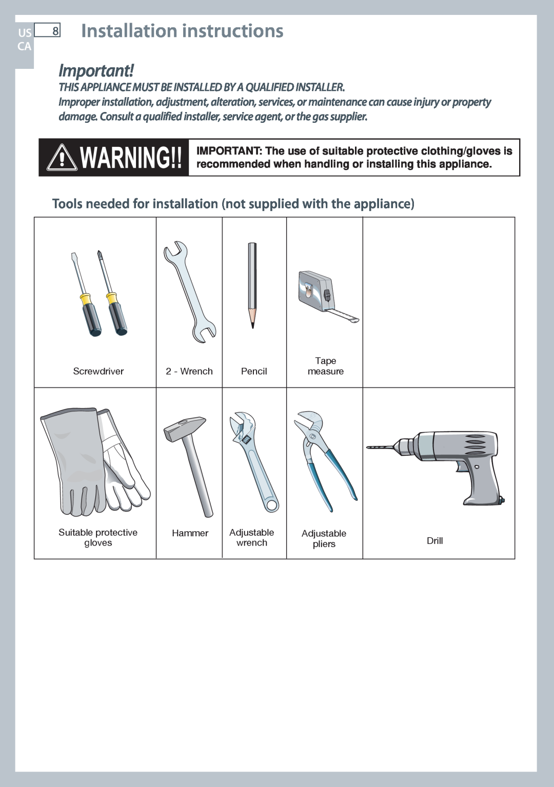 Fisher & Paykel OR305SDPWSX Installation instructions, Tools needed for installation not supplied with the appliance 