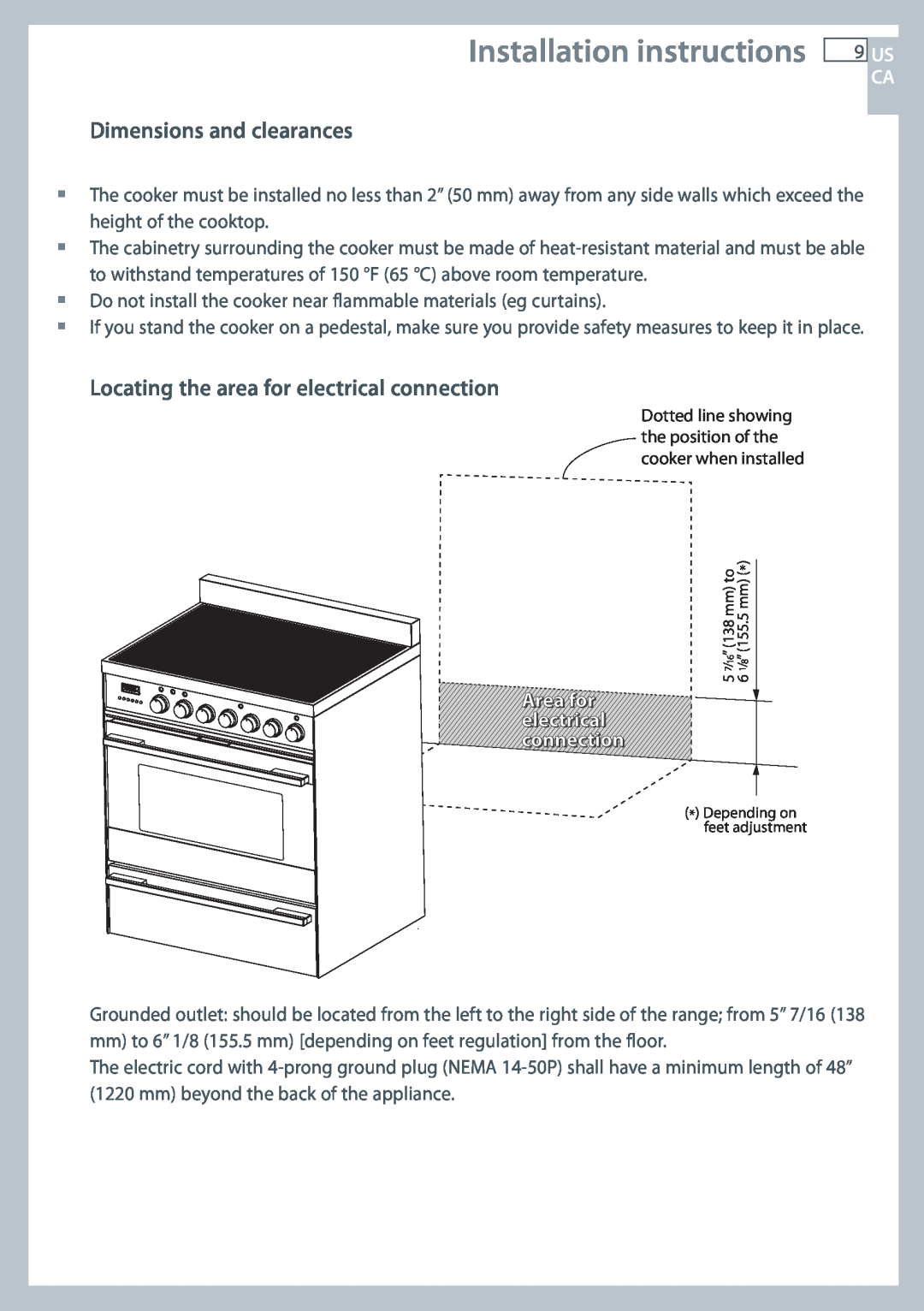 Fisher & Paykel OR305SDPWSX Installation instructions, Dimensions and clearances, Us Ca, Area for electrical connection 
