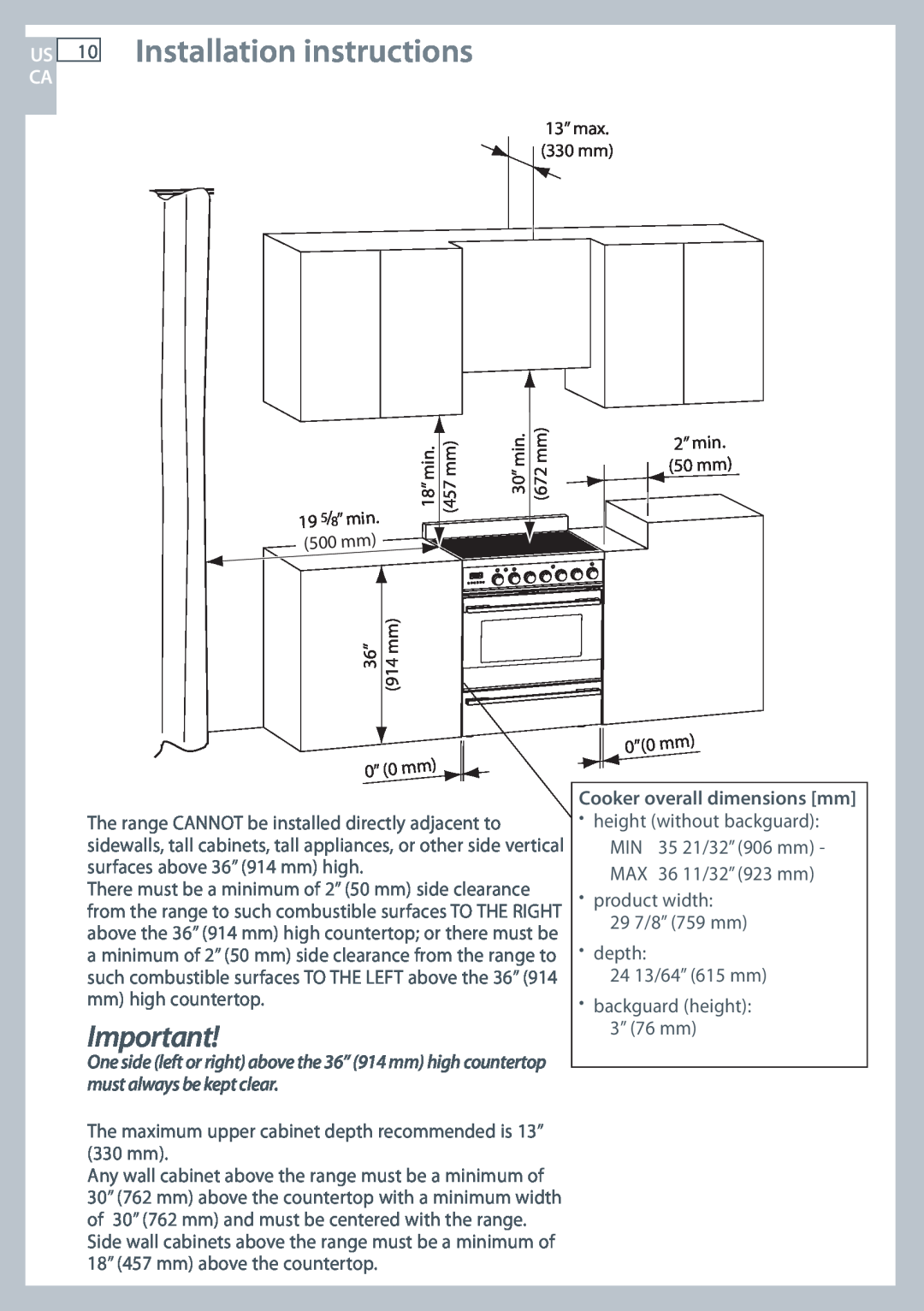 Fisher & Paykel OR305SDPWSX Installation instructions, Cooker overall dimensions mm, 13” max. 330 mm, 8”min, 500 mm 
