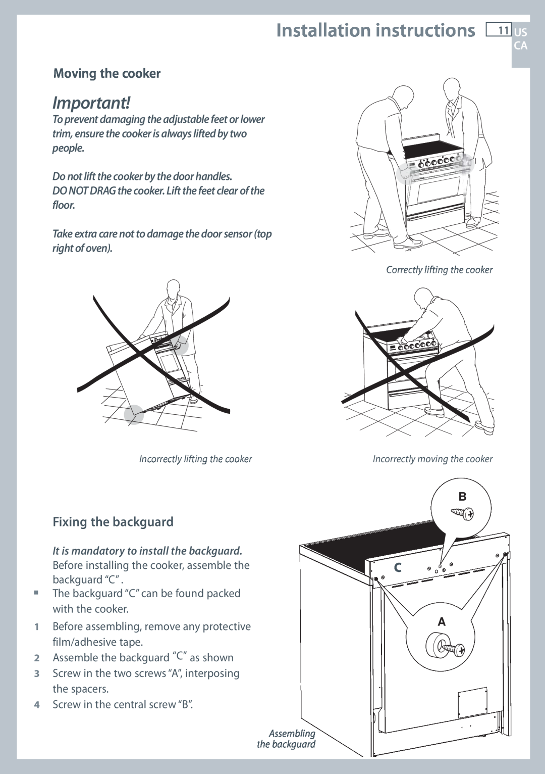 Fisher & Paykel OR305SDPWSX Installation instructions 11 US, Moving the cooker, Fixing the backguard 