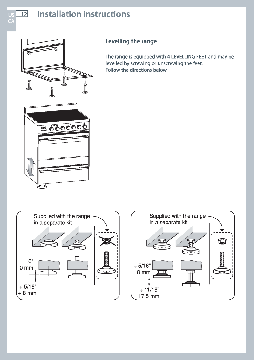 Fisher & Paykel OR305SDPWSX installation instructions Installation instructions, Levelling the range, + 17.5 mm, Us Ca 