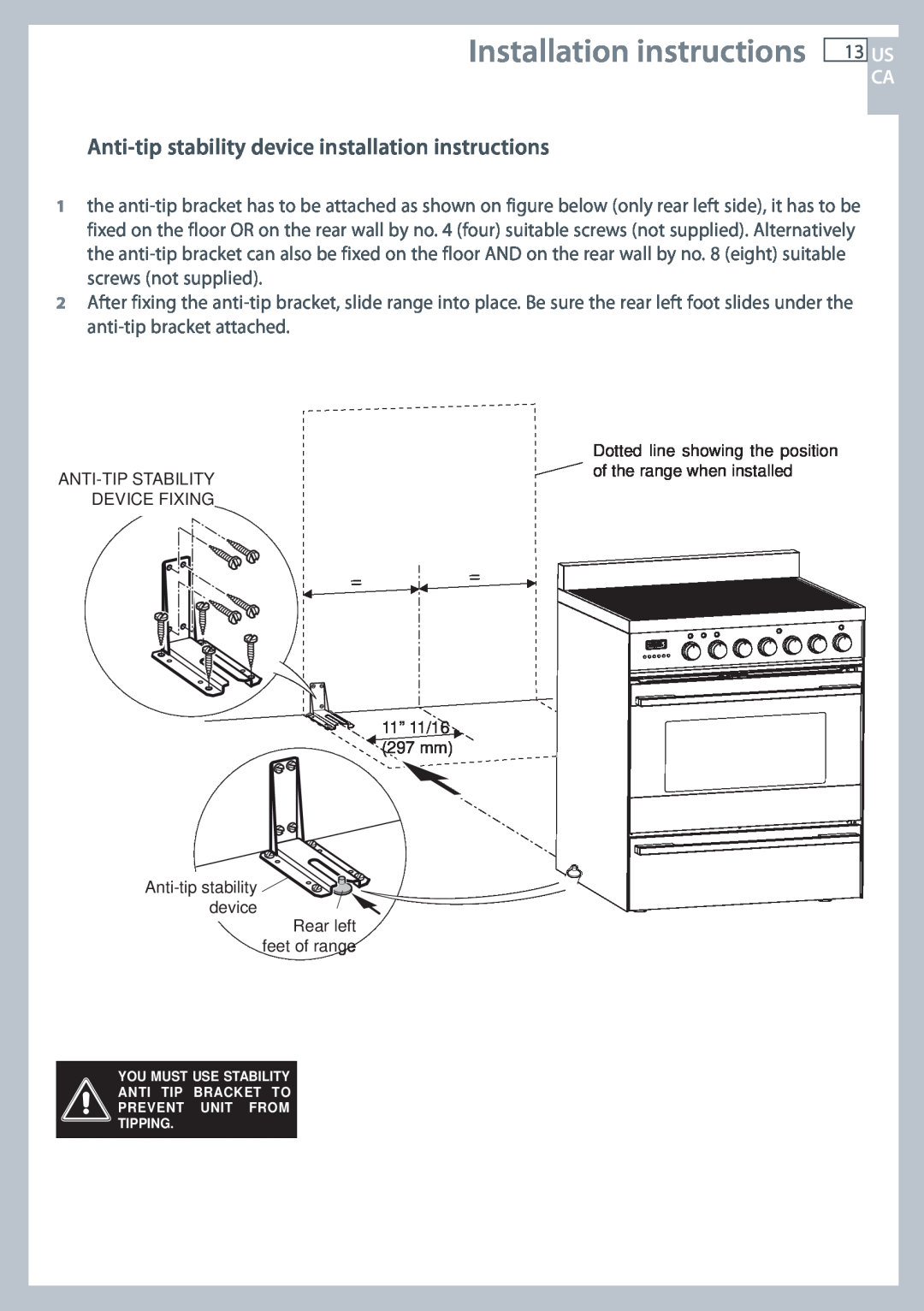 Fisher & Paykel OR305SDPWSX Installation instructions, Anti-tip stability device installation instructions, Us Ca 