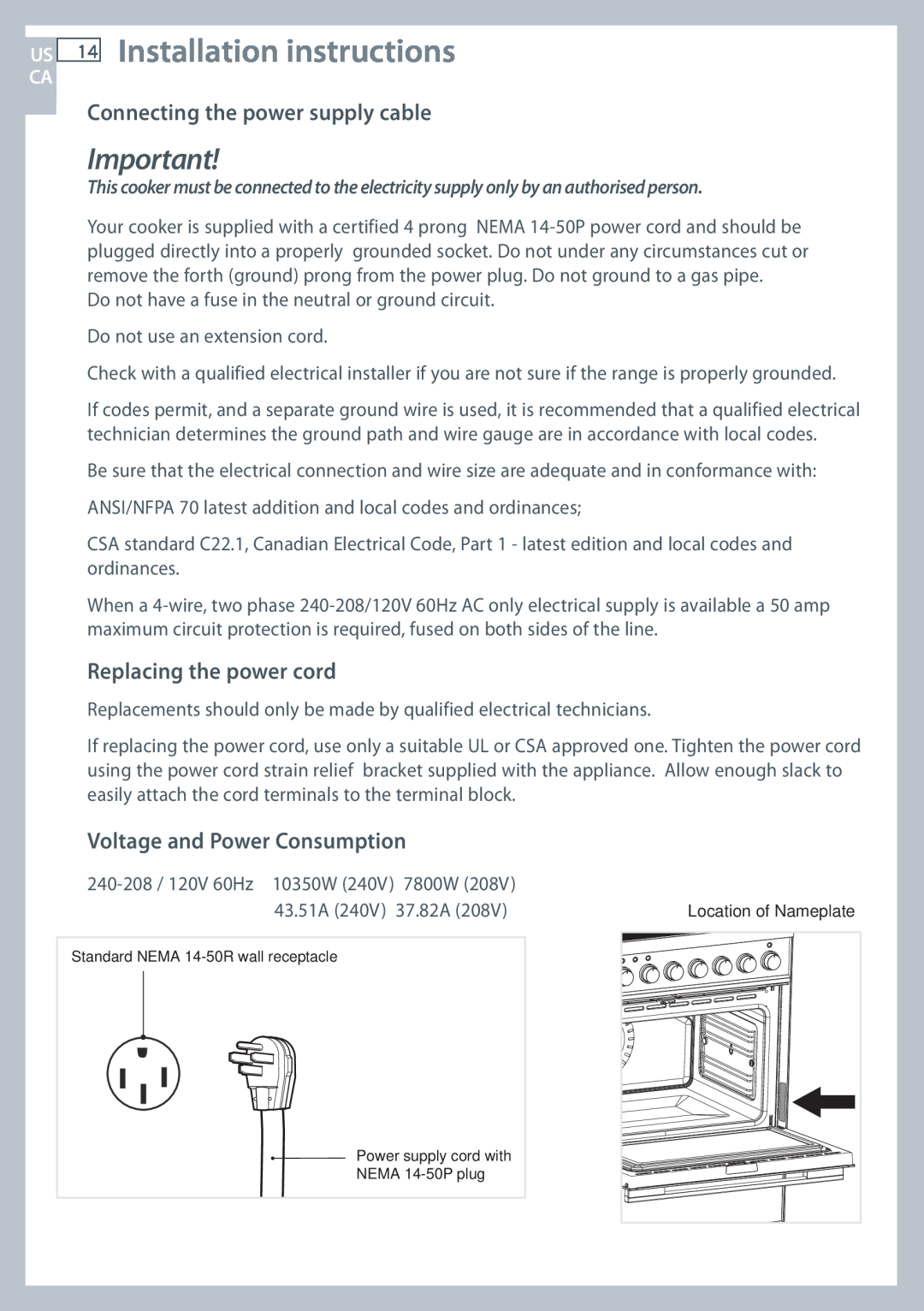 Fisher & Paykel OR305SDPWSX Installation instructions, Connecting the power supply cable, Replacing the power cord 