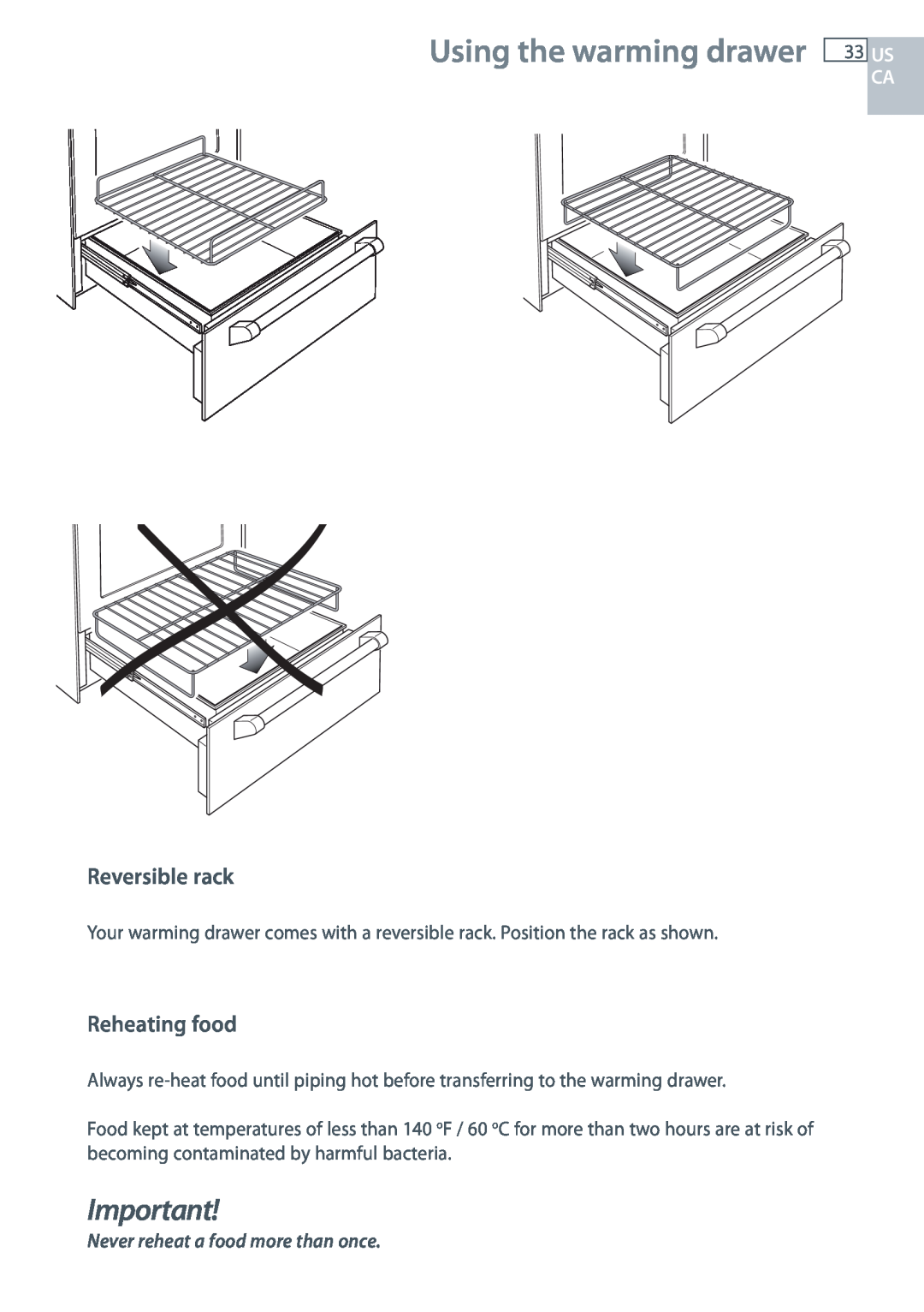 Fisher & Paykel OR305SDPWSX installation instructions Using the warming drawer, Reversible rack, Reheating food, Us Ca 