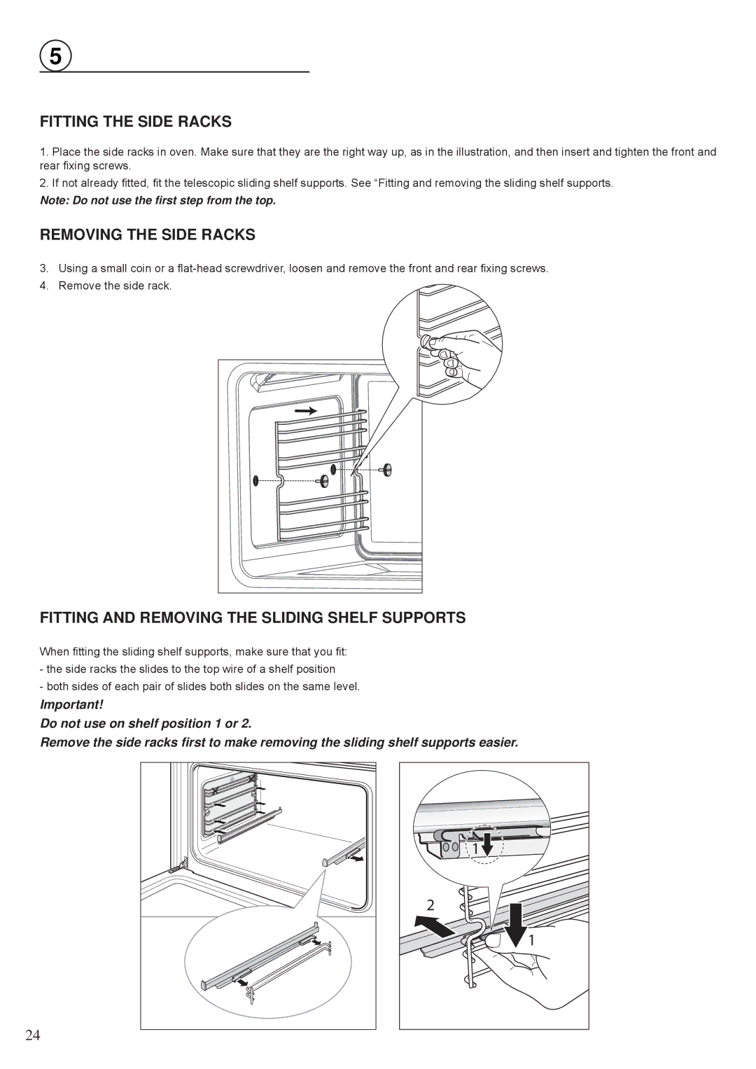 Fisher & Paykel OR30SDBMX Fitting the Side Racks, Removing the Side Racks, Fitting and Removing the Sliding Shelf Supports 