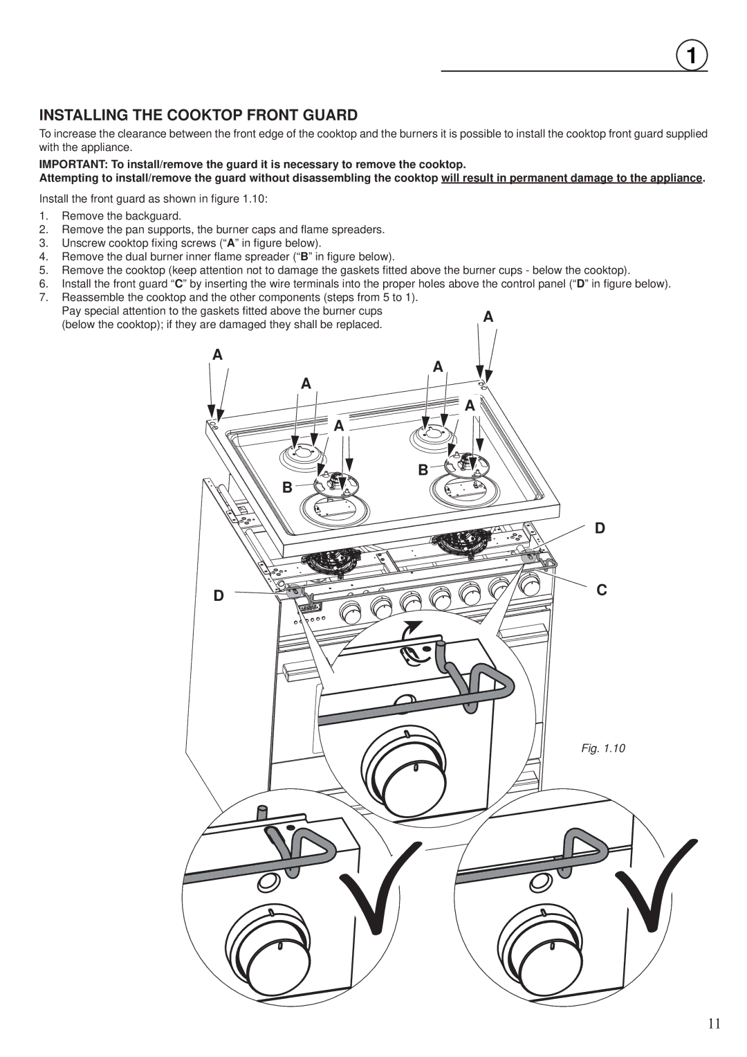 Fisher & Paykel OR30SDPWGX manual Installing the Cooktop Front Guard 