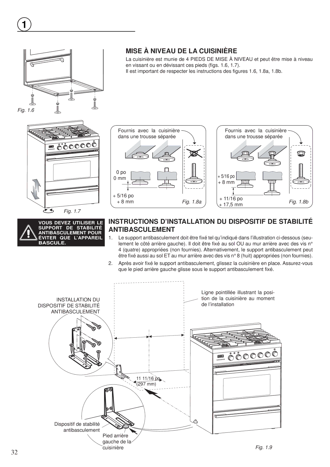 Fisher & Paykel OR30SDPWGX manual Mise À Niveau DE LA Cuisinière, Installation DU Dispositif DE Stabilité Antibasculement 