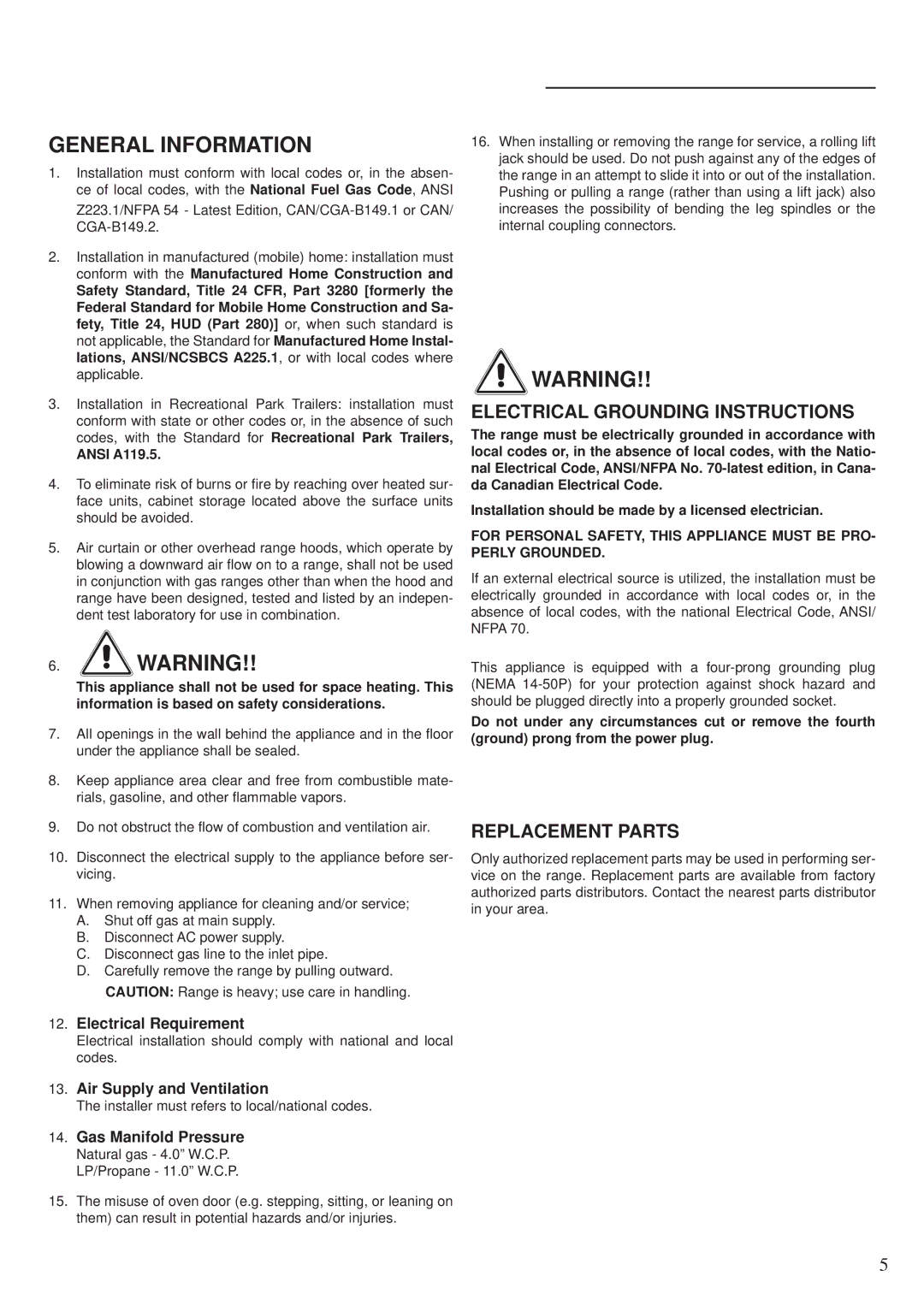 Fisher & Paykel OR30SDPWGX manual Electrical Grounding Instructions, Replacement Parts 