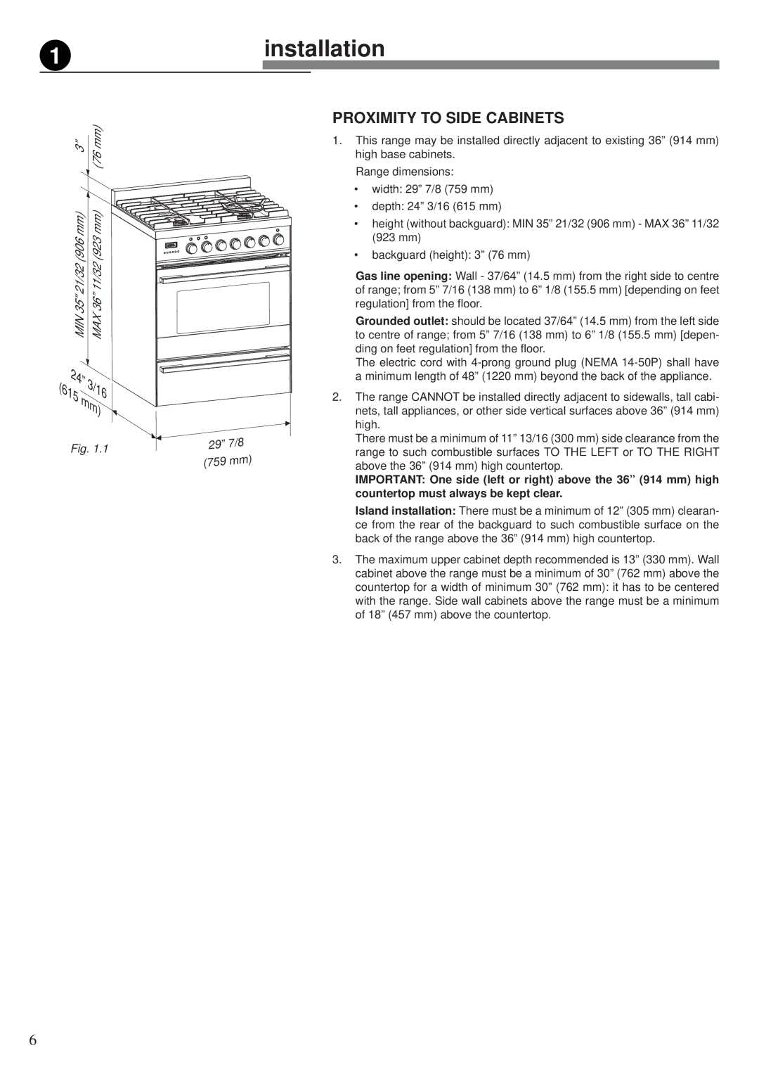 Fisher & Paykel OR30SDPWGX manual Installation, Proximity to Side Cabinets 