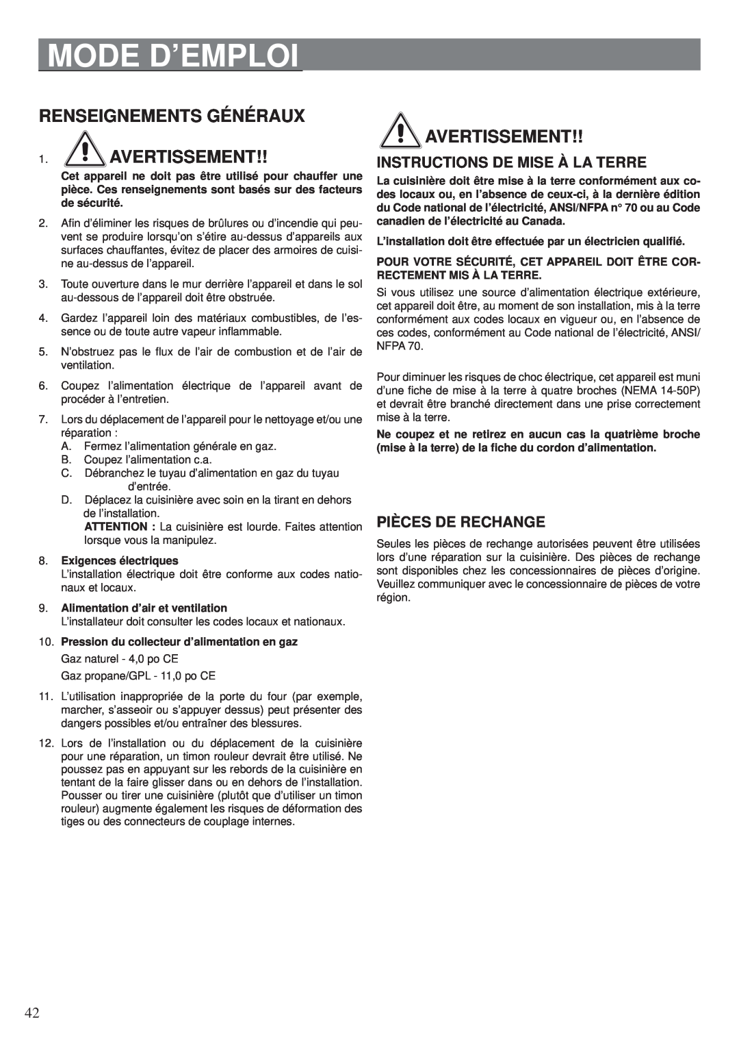 Fisher & Paykel OR30SDPWGX Mode D’Emploi, RENSEIGNEMENTS GÉNÉRAUX 1. AVERTISSEMENT, Avertissement, Exigences électriques 