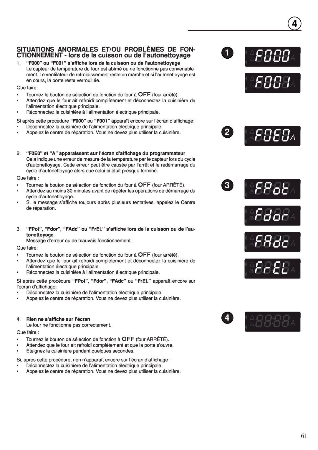 Fisher & Paykel OR30SDPWGX manual 1A A, 3A A A A 4A, 1. “F000” ou “F001” s’afﬁche lors de la cuisson ou de l’autonettoyage 