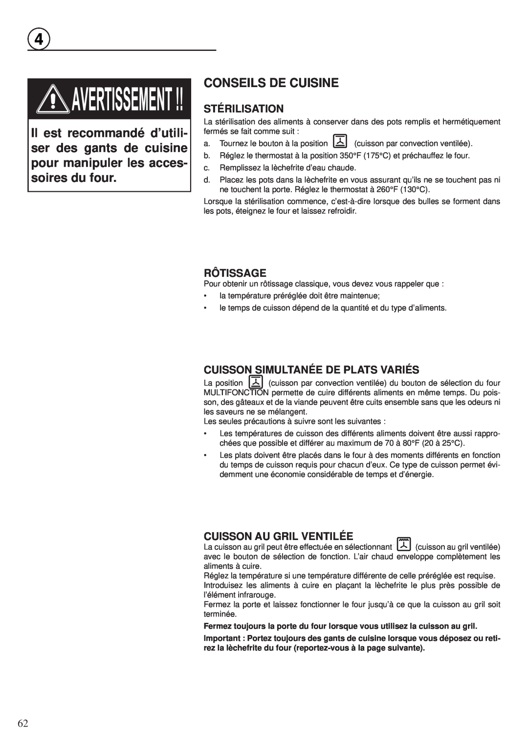 Fisher & Paykel OR30SDPWGX manual Conseils De Cuisine, Stérilisation, Rôtissage, Cuisson Simultanée De Plats Variés 