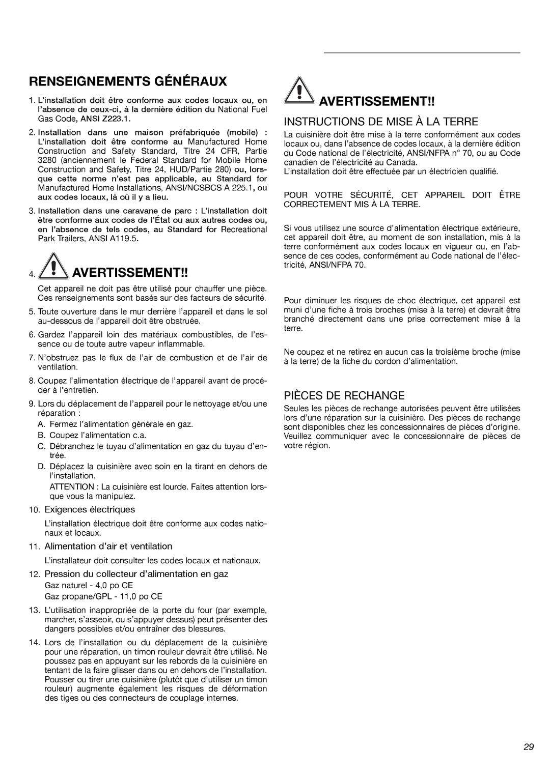 Fisher & Paykel OR36SDBGX installation instructions Instructions DE Mise À LA Terre, Pièces DE Rechange 