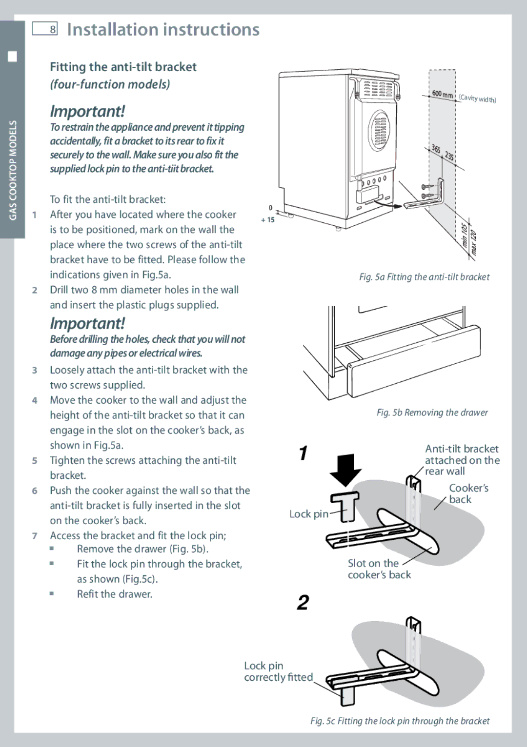 Fisher & Paykel OR60 installation instructions Fitting the anti-tilt bracket, Four-function models 