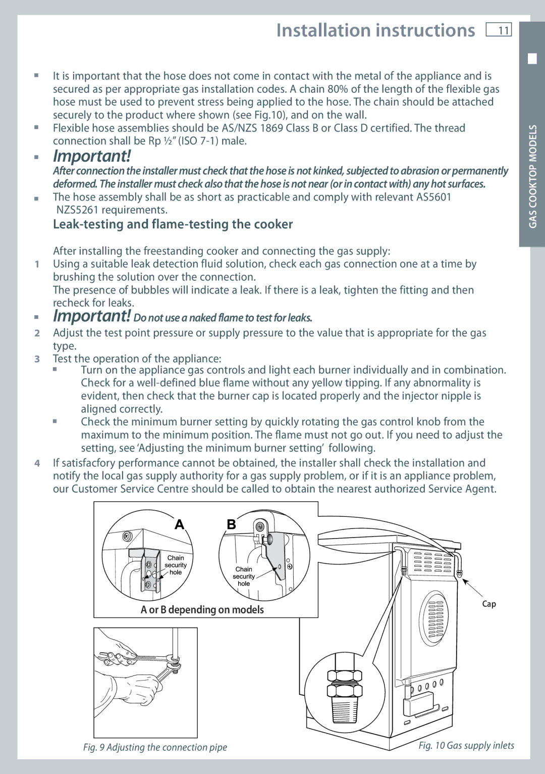 Fisher & Paykel OR60 Leak-testing and flame-testing the cooker, Important! Do not use a naked flame to test for leaks 