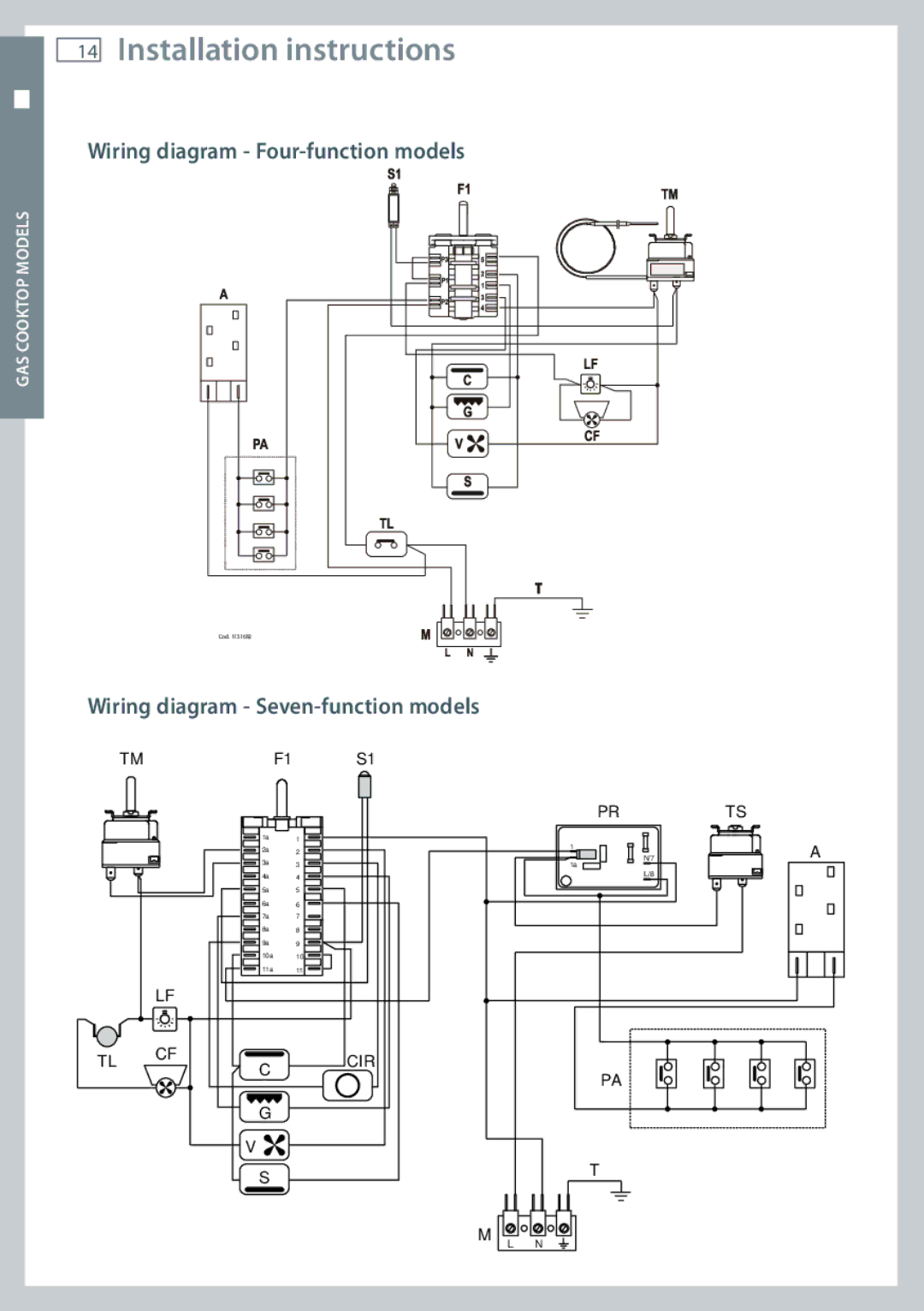 Fisher & Paykel OR60 installation instructions Wiring diagram Four-function models, Wiring diagram Seven-function models 