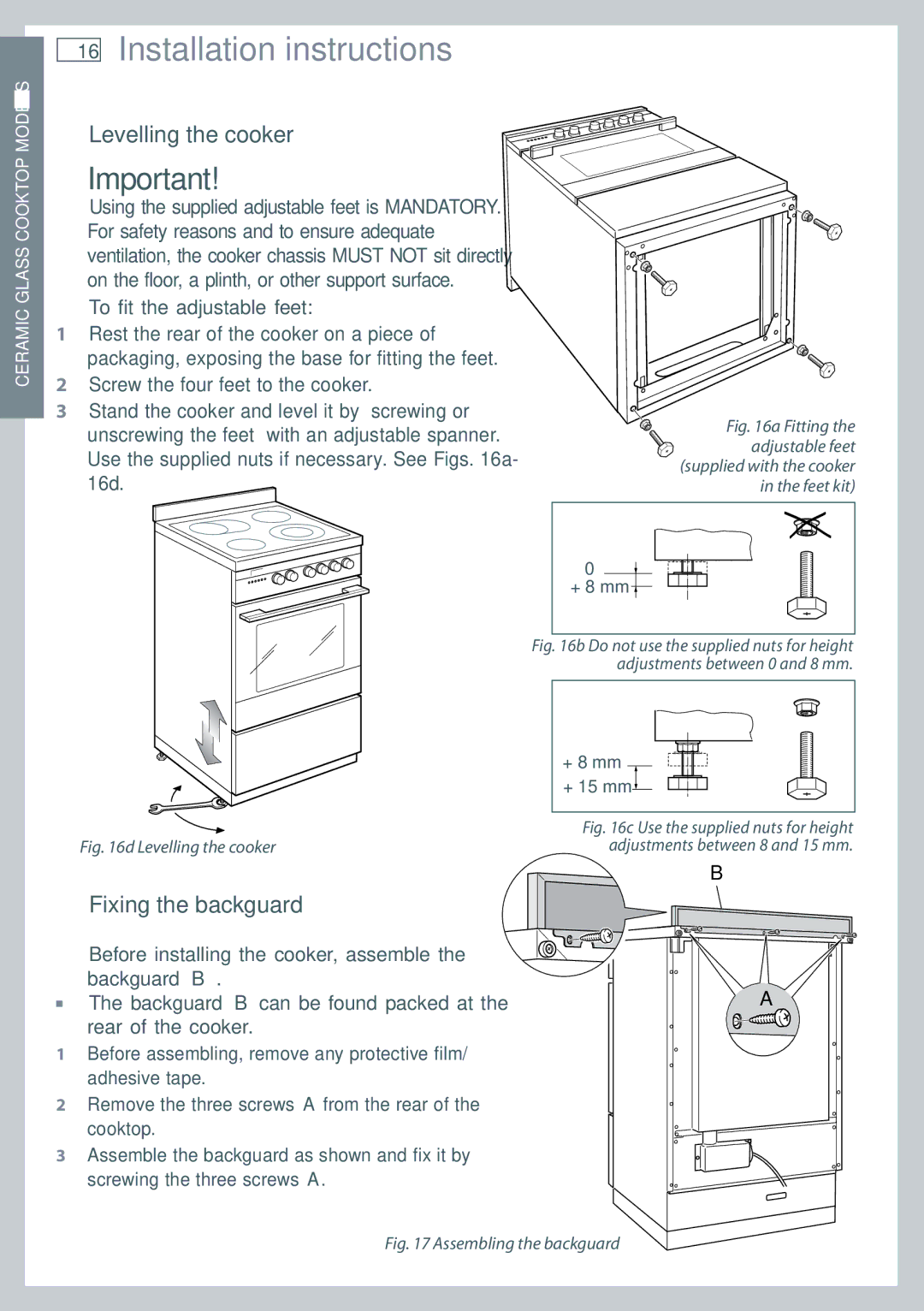 Fisher & Paykel OR60 installation instructions Levelling the cooker, For safety reasons and to ensure adequate 