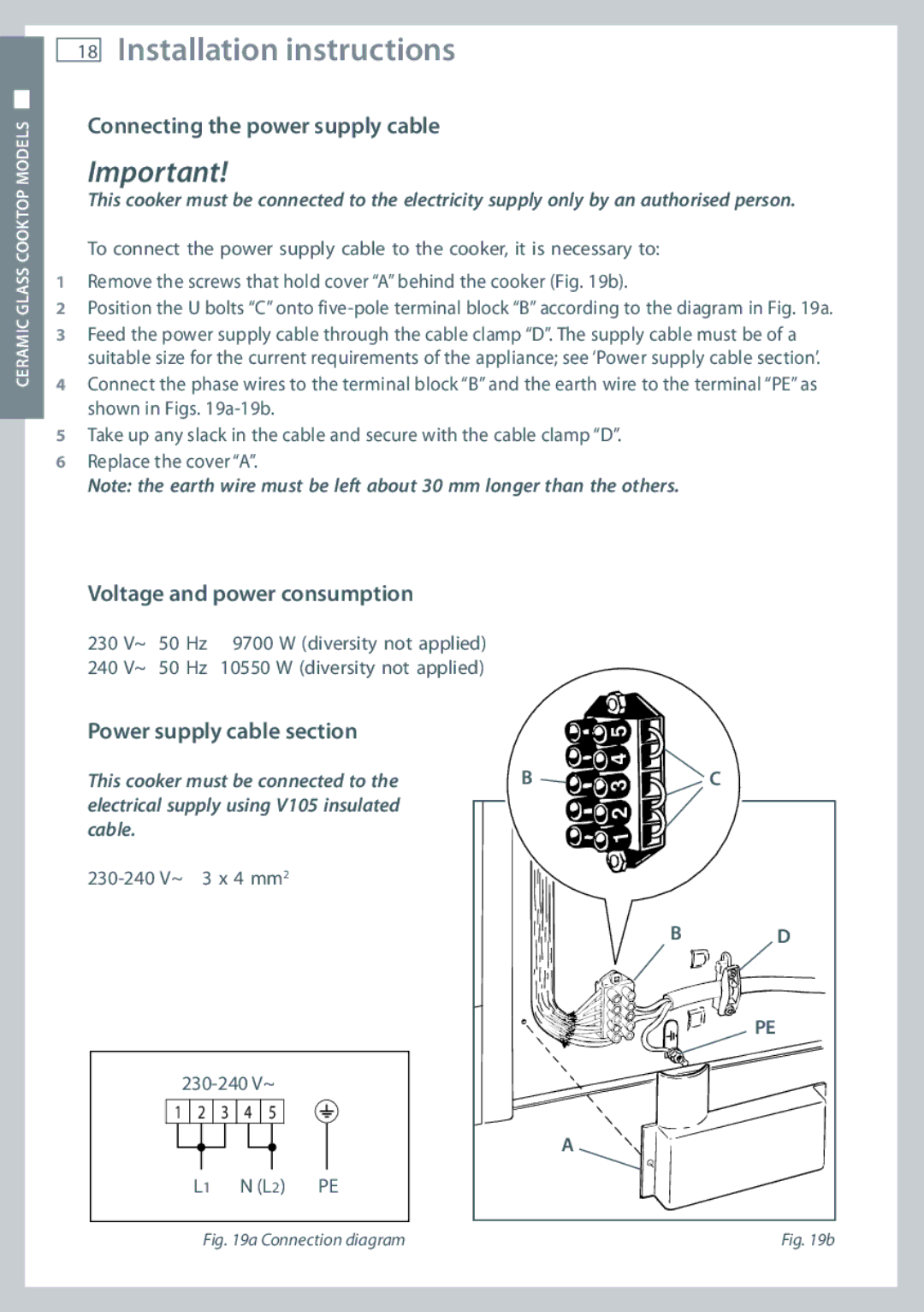 Fisher & Paykel OR60 Connecting the power supply cable, Voltage and power consumption, Power supply cable section 