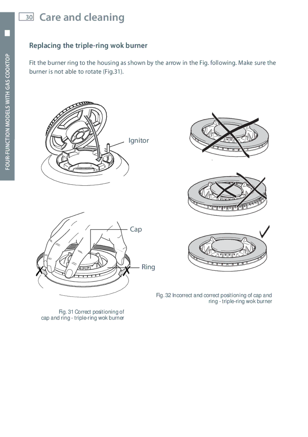 Fisher & Paykel OR60 Replacing the triple-ring wok burner, Correct positioning of cap and ring triple-ring wok burner 