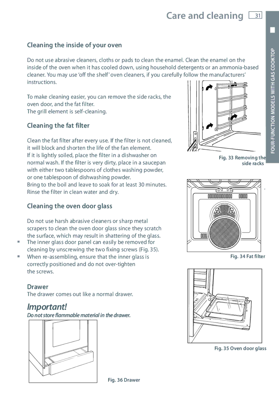 Fisher & Paykel OR60 Cleaning the inside of your oven, Cleaning the fat filter, Cleaning the oven door glass, Drawer 