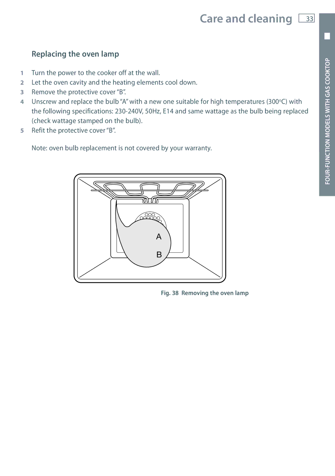 Fisher & Paykel OR60 installation instructions Replacing the oven lamp, Removing the oven lamp 