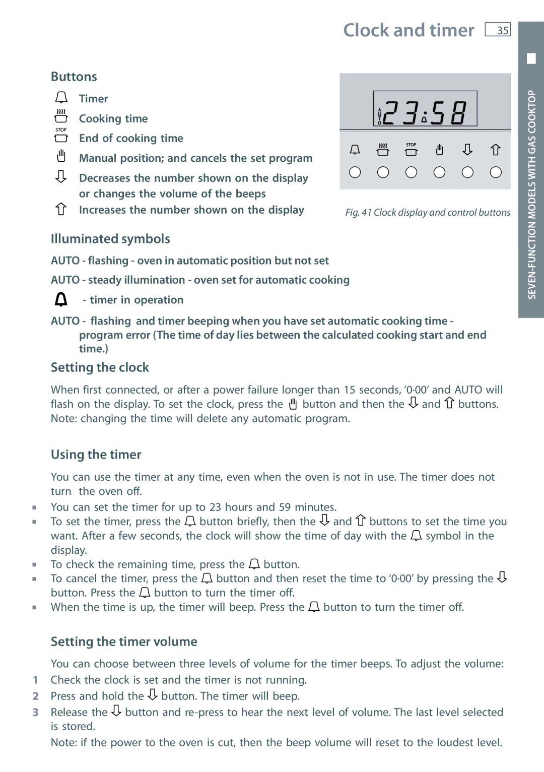 Fisher & Paykel OR60 Buttons, Illuminated symbols, Setting the clock, Using the timer, Setting the timer volume 
