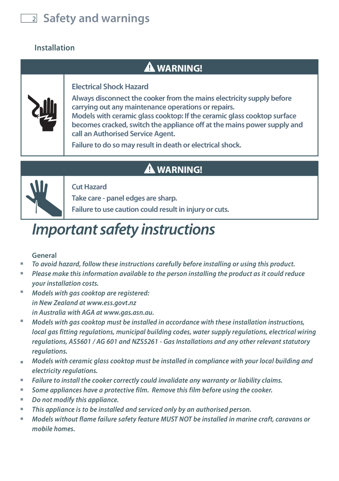 Fisher & Paykel OR60 installation instructions Safety and warnings, Installation, General 