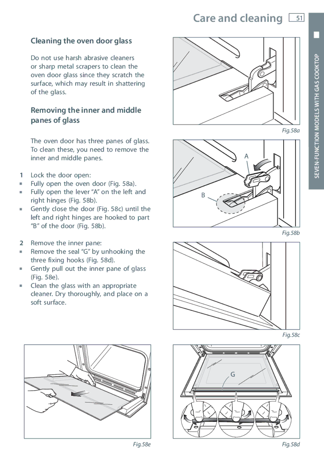 Fisher & Paykel OR60 installation instructions Cleaning the oven door glass, Removing the inner and middle panes of glass 