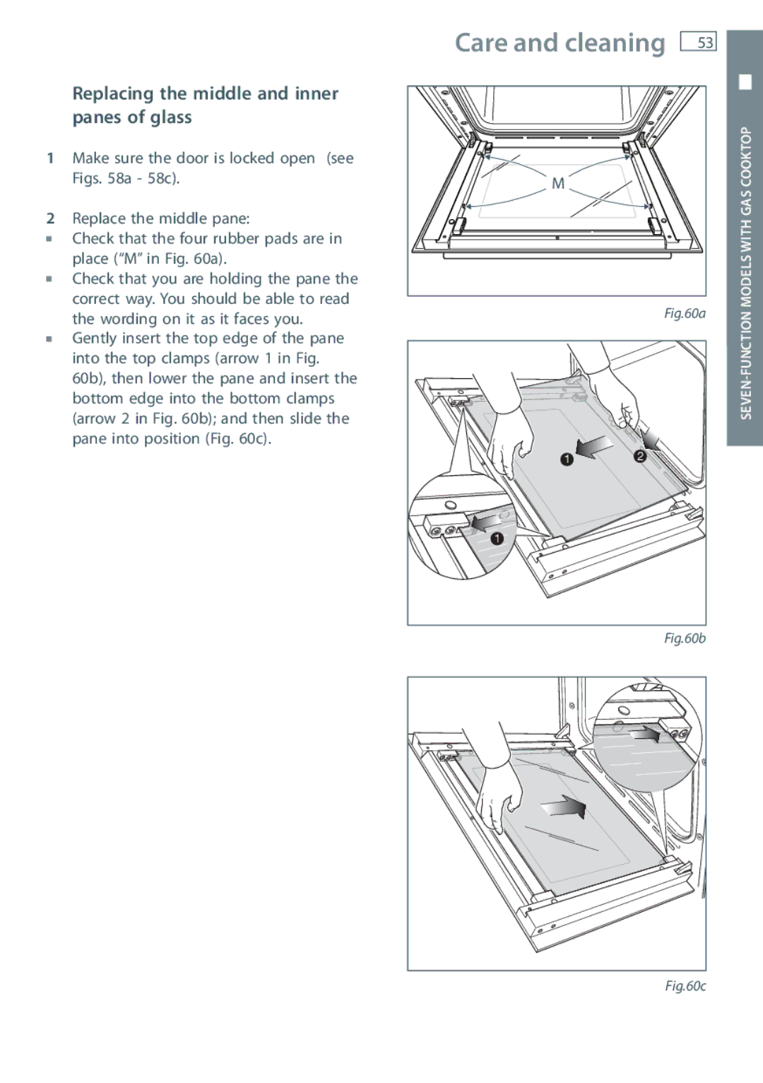 Fisher & Paykel OR60 installation instructions Replacing the middle and inner Panes of glass 