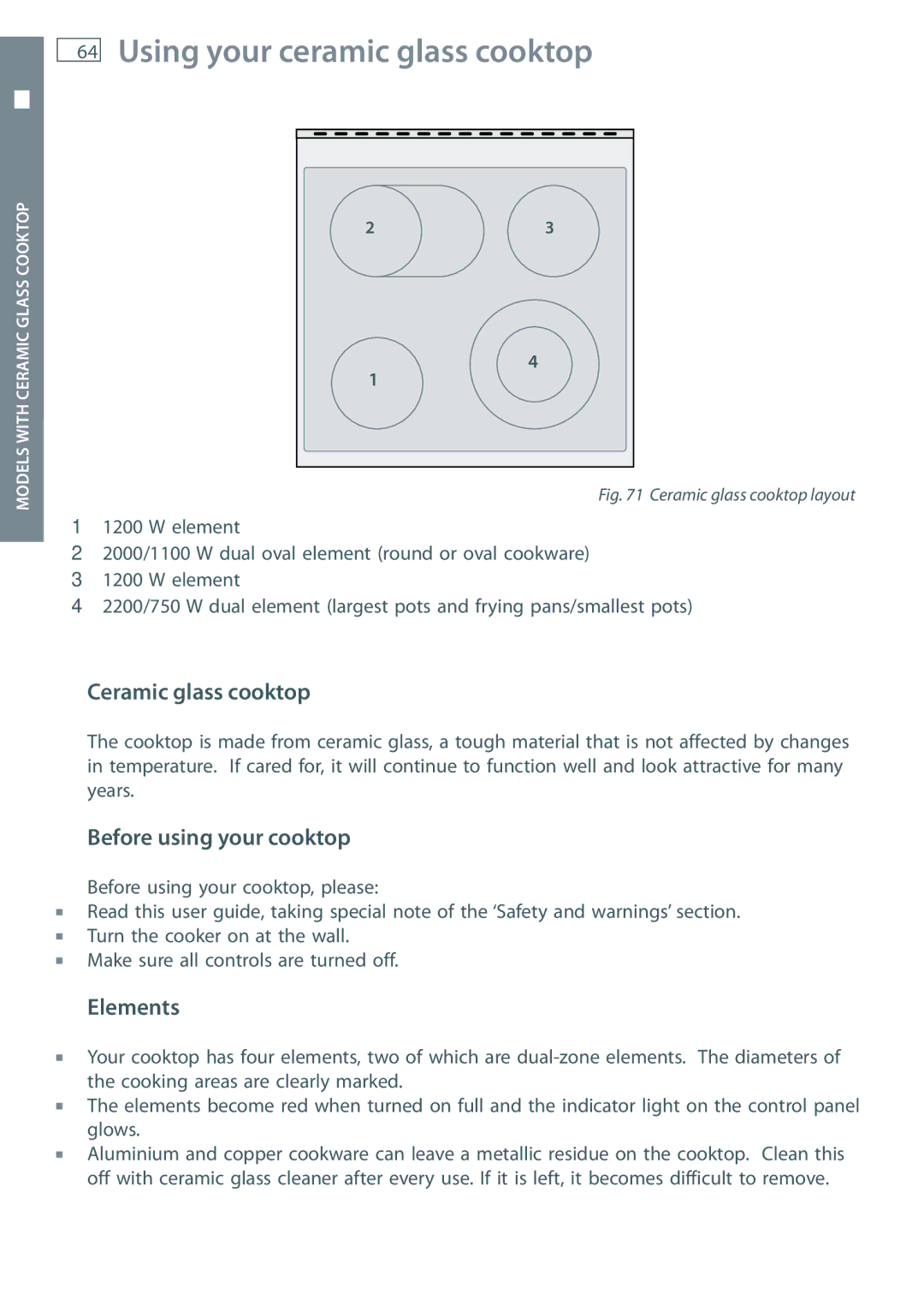 Fisher & Paykel OR60 installation instructions Using your ceramic glass cooktop, Ceramic glass cooktop, Elements 