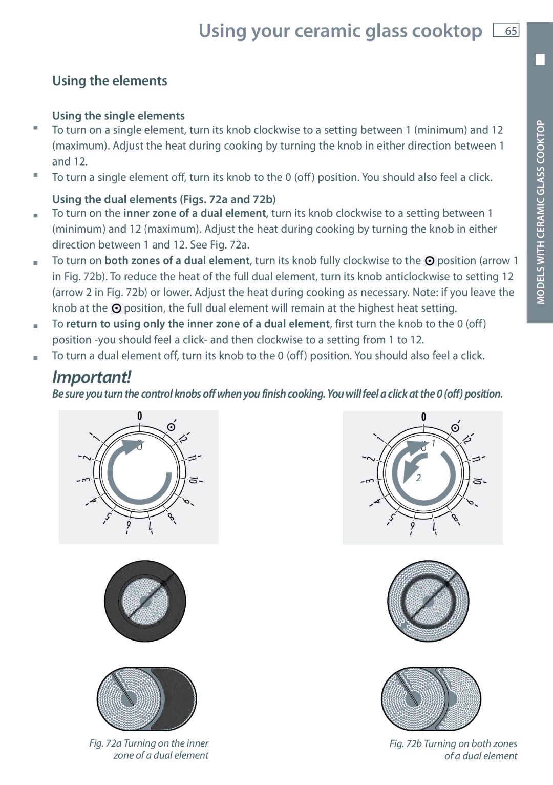 Fisher & Paykel OR60 Using the elements, Using the single elements, Using the dual elements Figs a and 72b 