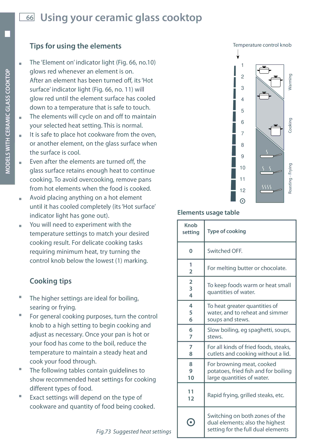 Fisher & Paykel OR60 installation instructions Tips for using the elements, Cooking tips, Elements usage table 