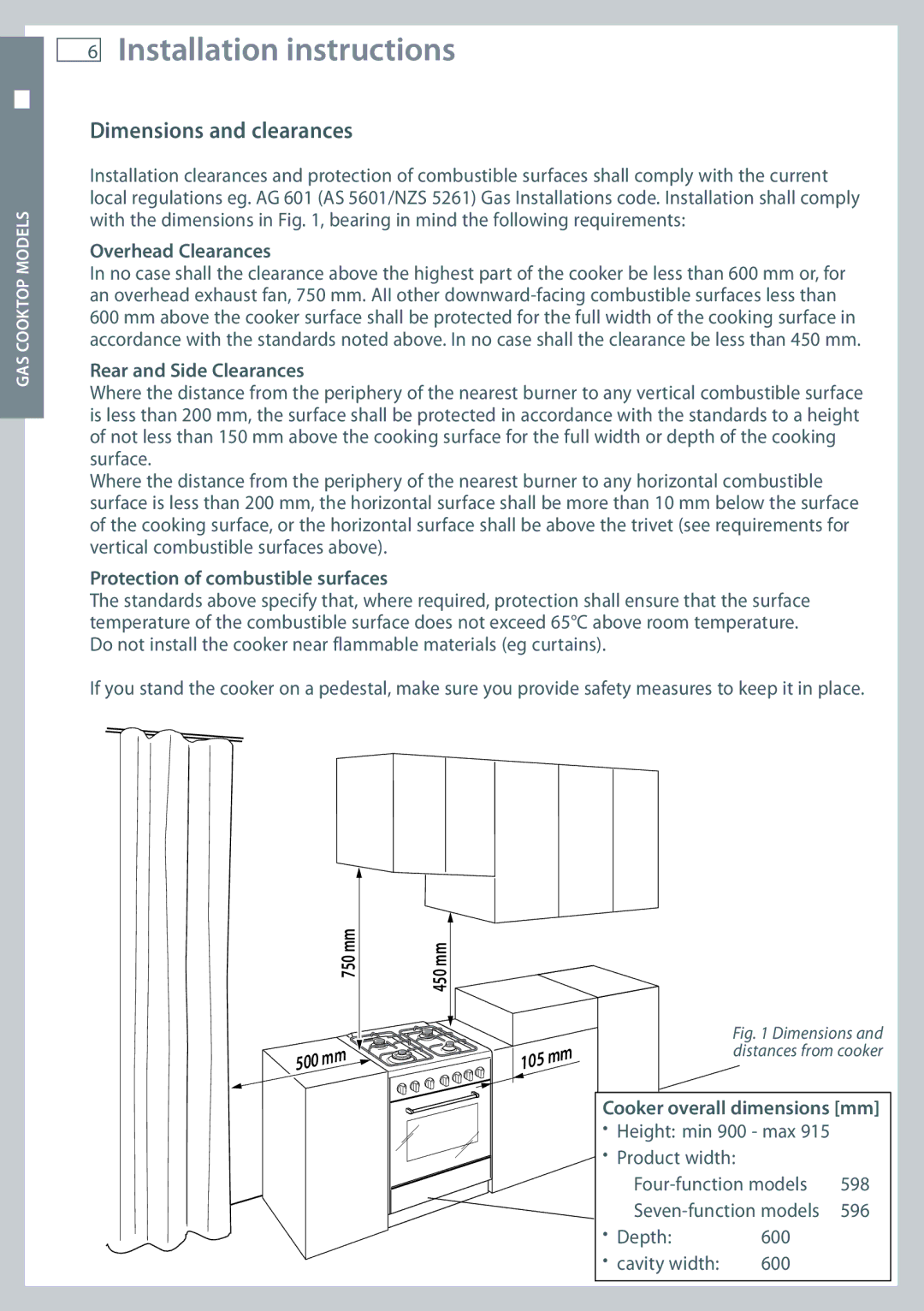 Fisher & Paykel OR60 installation instructions Installation instructions, Dimensions and clearances 