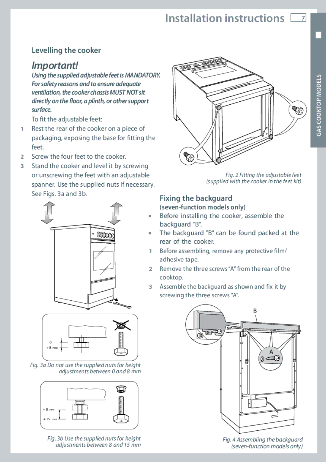 Fisher & Paykel OR60 installation instructions Levelling the cooker, Fixing the backguard, Seven-function models only 