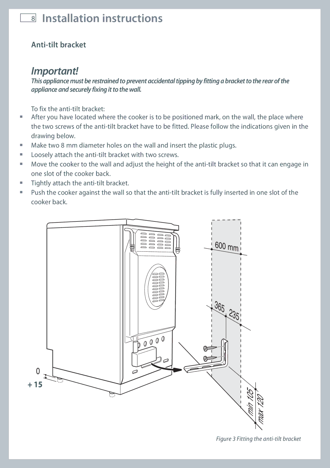 Fisher & Paykel OR60 installation instructions Anti-tilt bracket, Fitting the anti-tilt bracket 