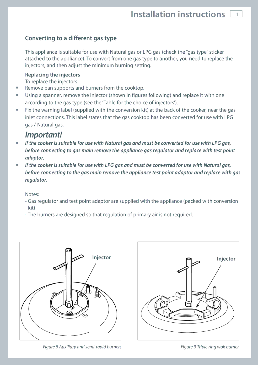 Fisher & Paykel OR60 installation instructions Converting to a different gas type, Auxiliary and semi-rapid burners 