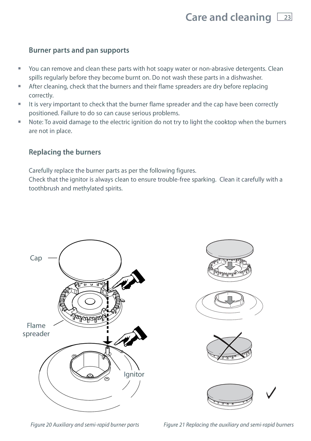 Fisher & Paykel OR60 installation instructions Burner parts and pan supports, Replacing the burners 