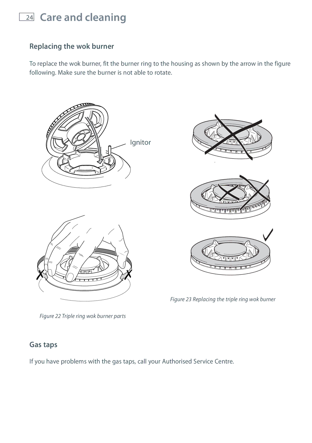 Fisher & Paykel OR60 installation instructions Replacing the wok burner, Gas taps 