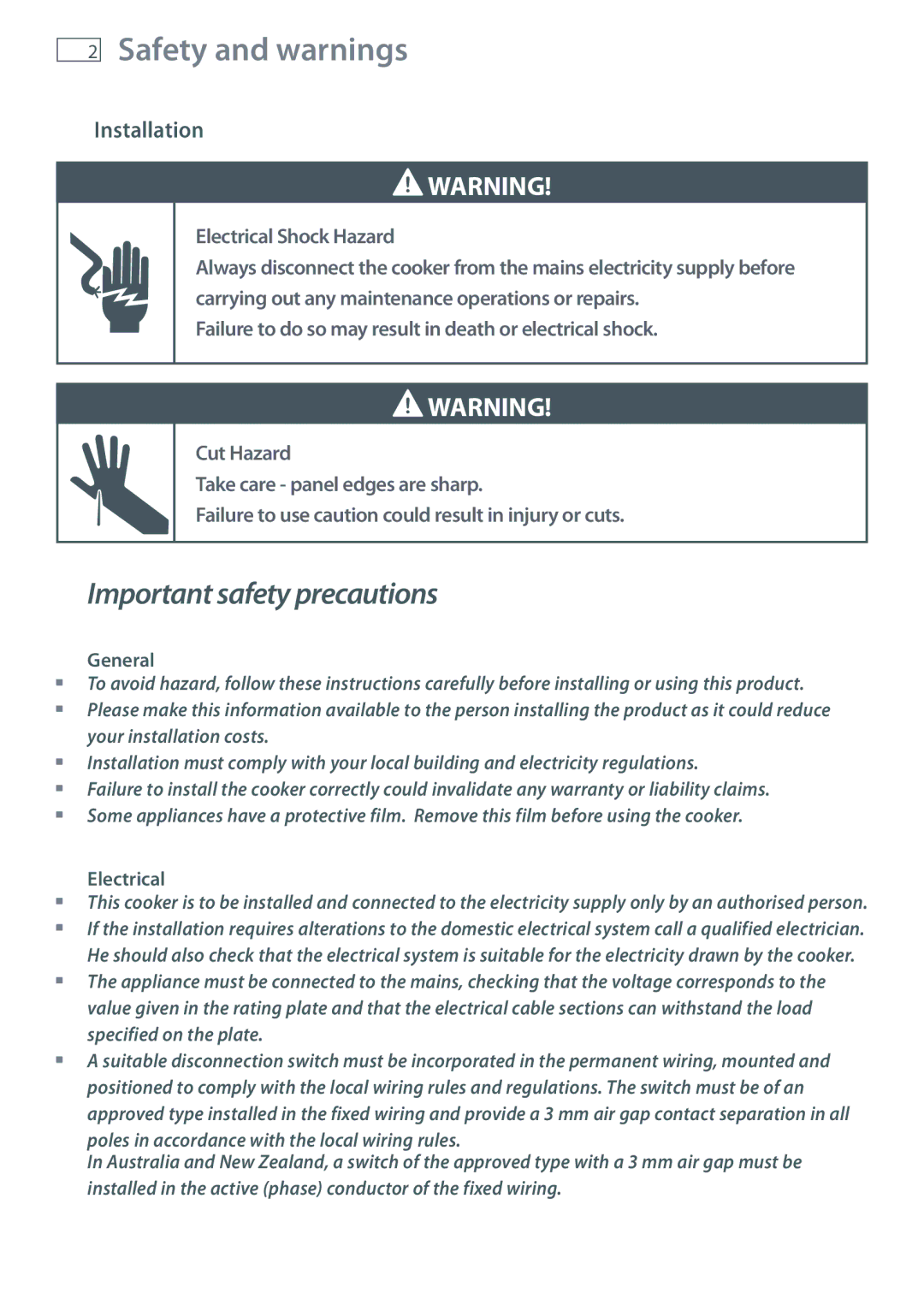 Fisher & Paykel OR60 installation instructions Safety and warnings, Installation 