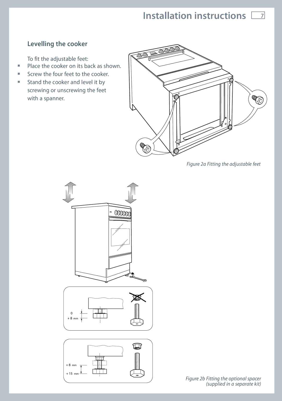 Fisher & Paykel OR60 installation instructions Levelling the cooker, Fitting the adjustable feet 