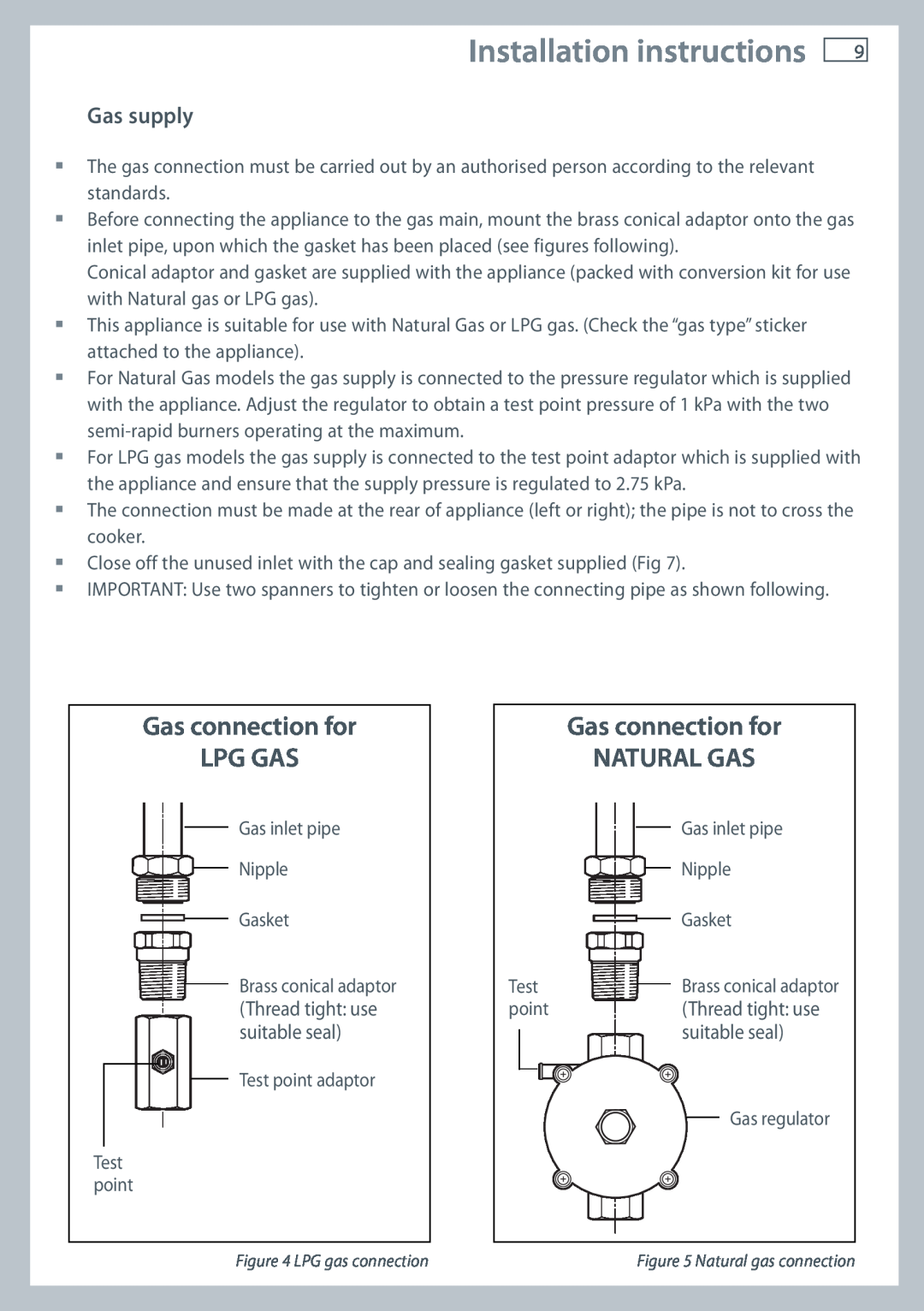 Fisher & Paykel OR60 Gas supply, suitable seal, Installation instructions, Gas connection for LPG GAS, Natural Gas 