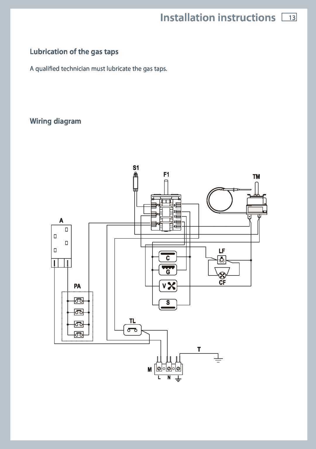 Fisher & Paykel OR60 installation instructions Lubrication of the gas taps, Wiring diagram, Installation instructions 
